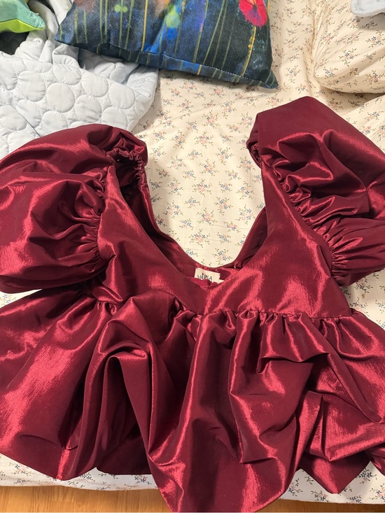 Kika Vargas Tops - KIKA VARGAS Puff Sleeve Satin Peplum Top - Burgundy